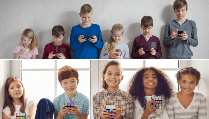 Collage of children on their phones VS children playing with Spark Cubix